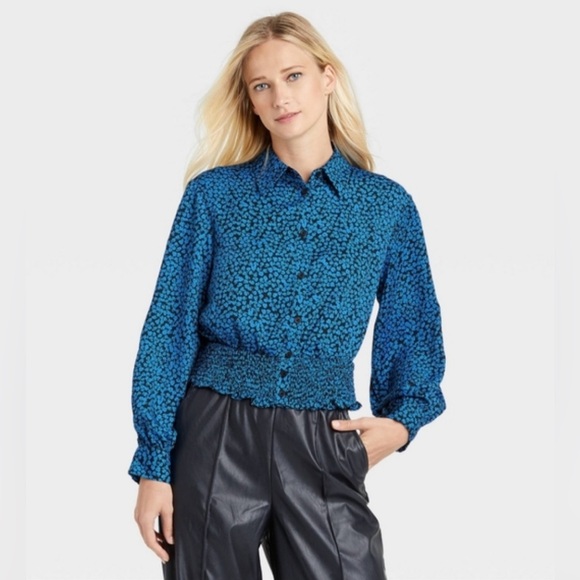 Who What Wear Blue Bishop Long Blouson Sleeve Floral Smock Top Size Large - Picture 1 of 10